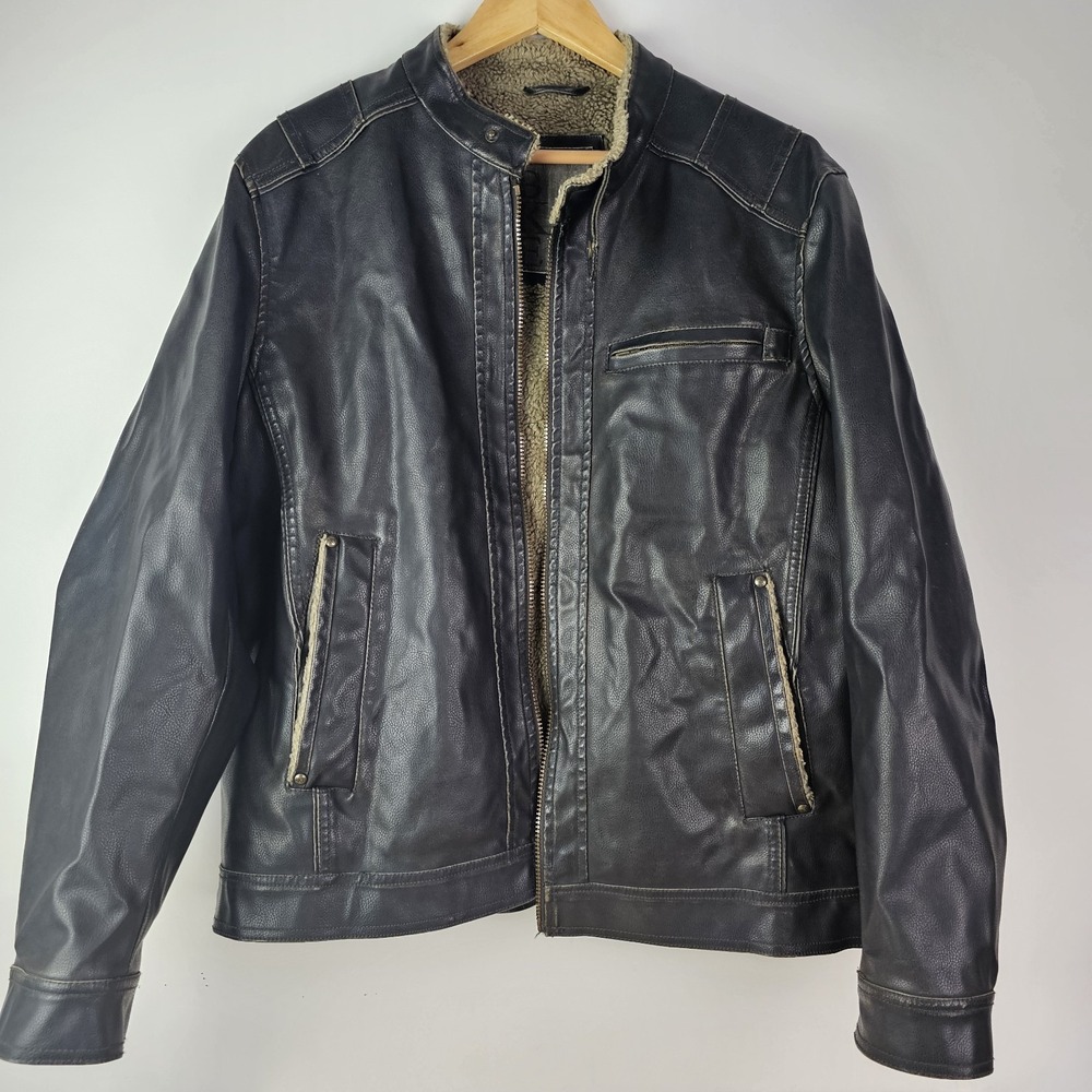 BKE Jacket Mens Brown L Faux Leather Sherpa Lined Full Zip Biker Motorcycle Moto